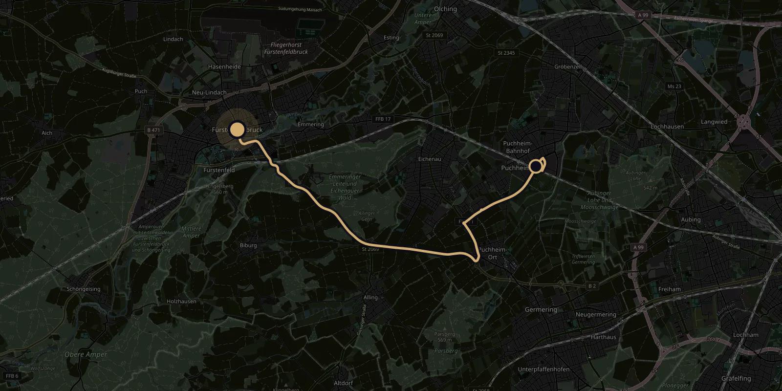 Map showing the driving route from Pemediacorp in Puchheim to Fürstenfeldbruck