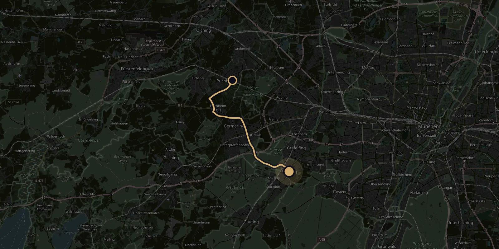 Map showing the driving route from Pemediacorp in Puchheim to Planegg