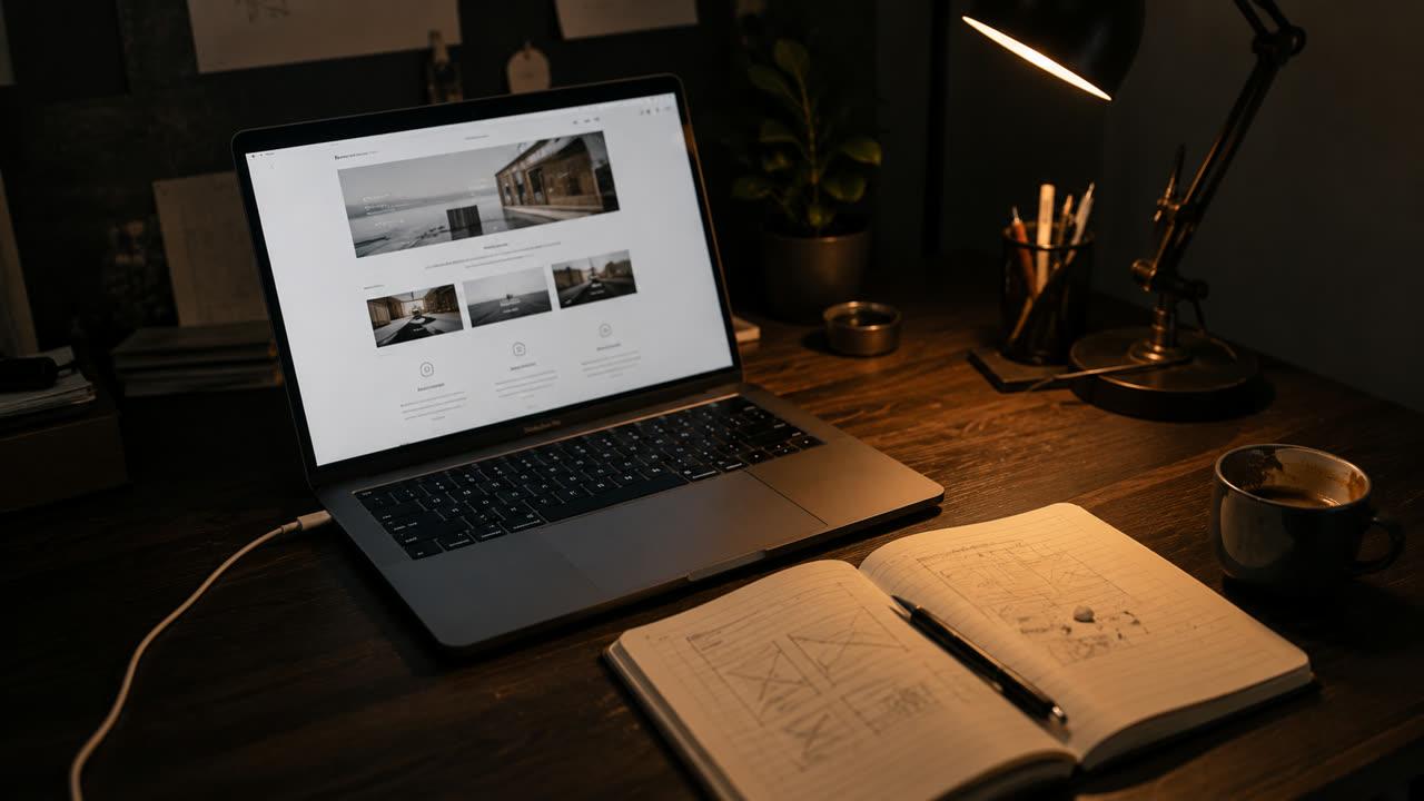 A desk with a simple single-page website on the screen