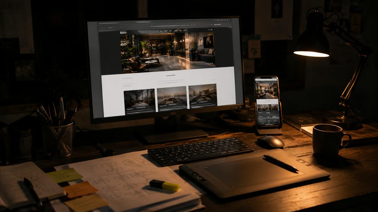 A multi-page website on a monitor next to notes about the page structure