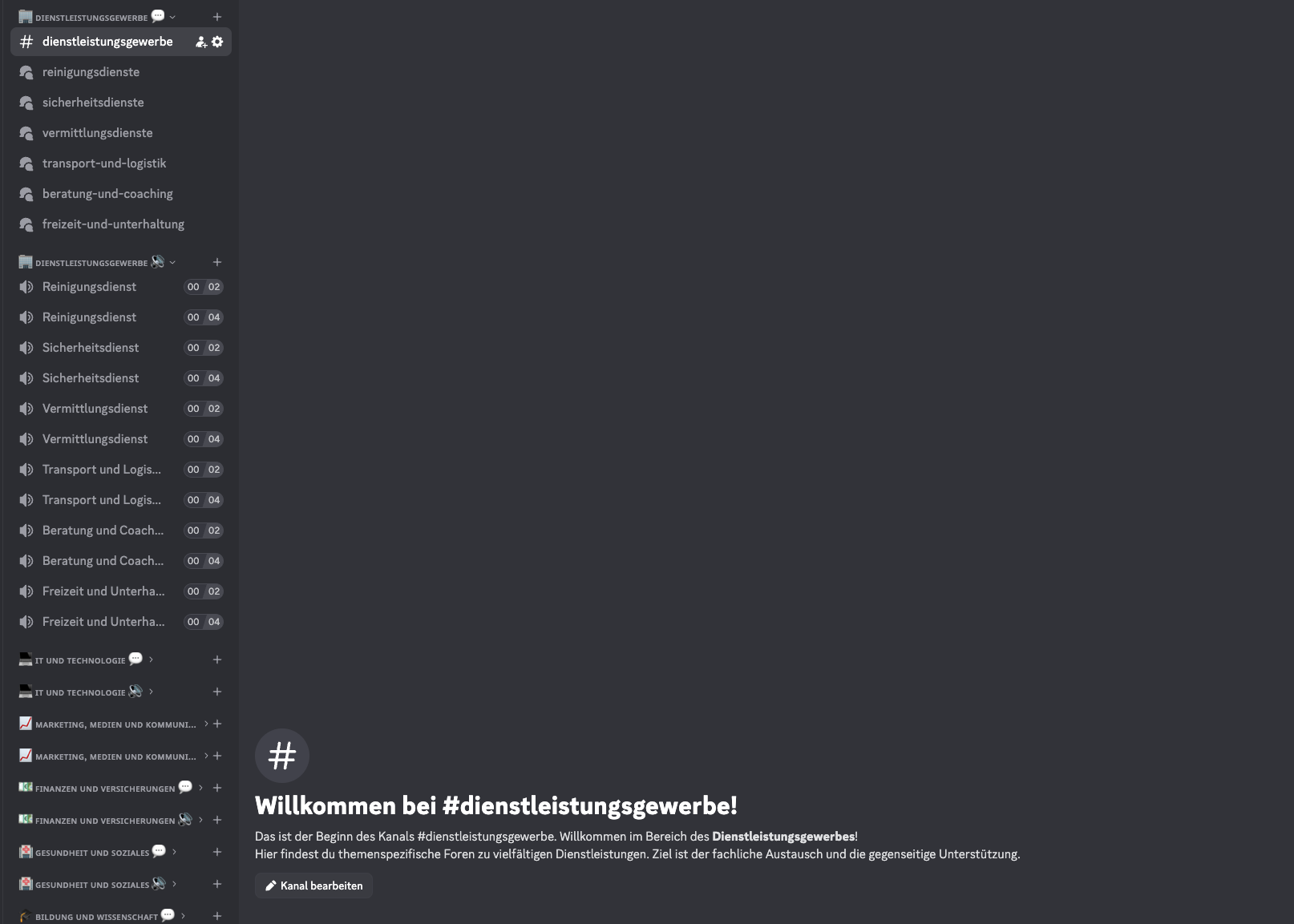 Welcome message in the Professional Services Discord area