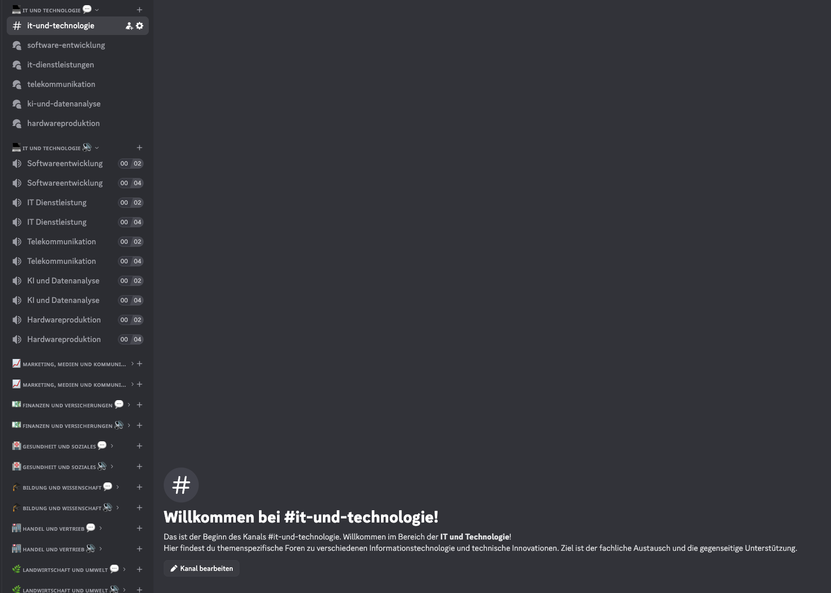 Welcome message in the IT and Technology Discord area