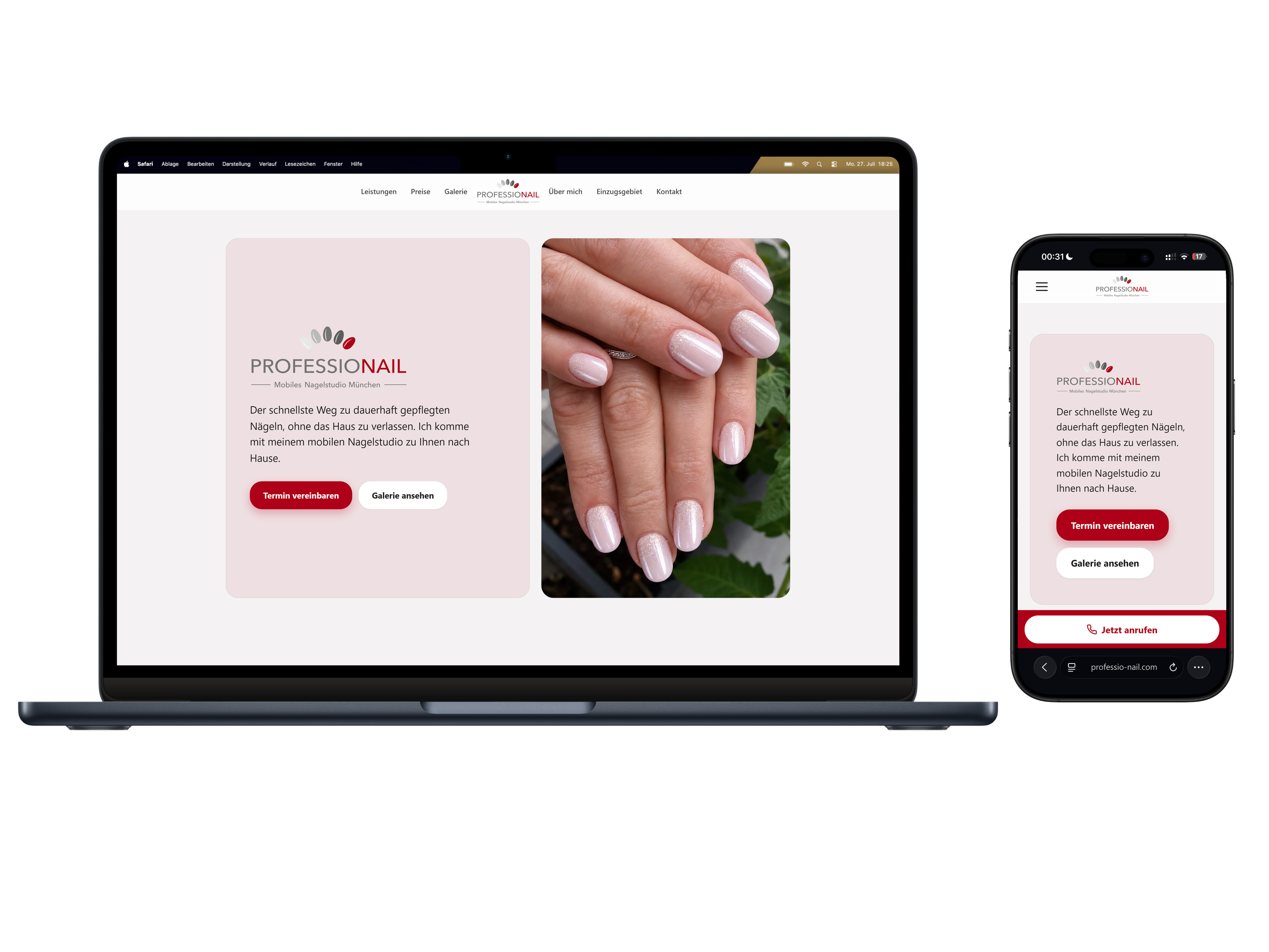 The professio-nail.com website built by Pemediacorp, shown on a MacBook and an iPhone