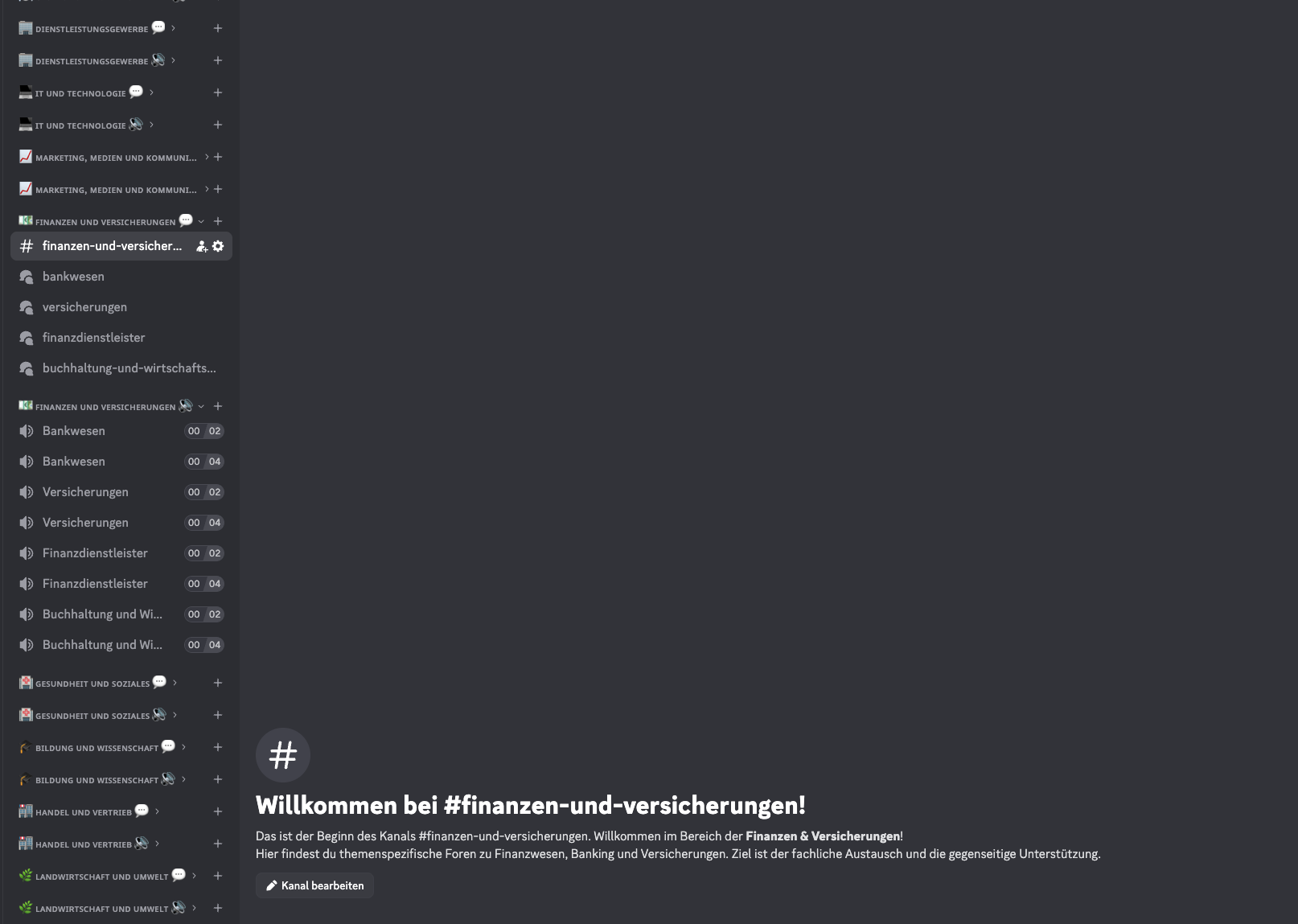 Welcome message in the Finance and Insurance Discord area