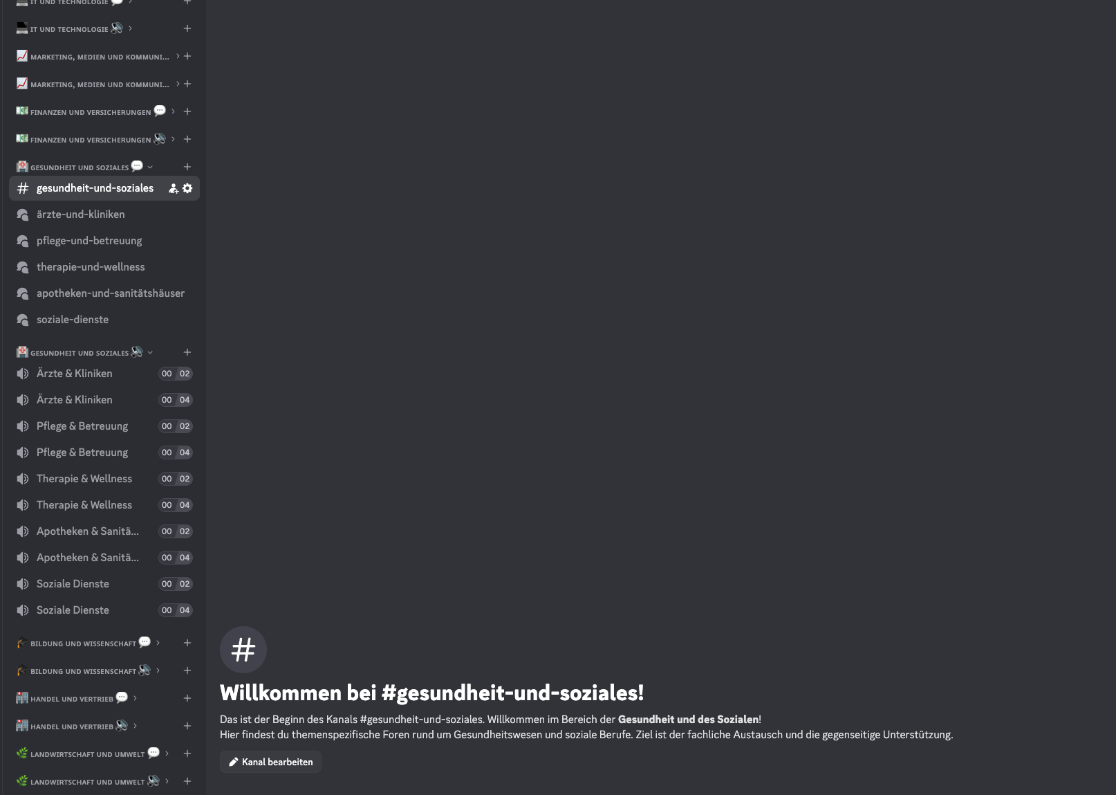 Welcome message in the Health and Social Care Discord area