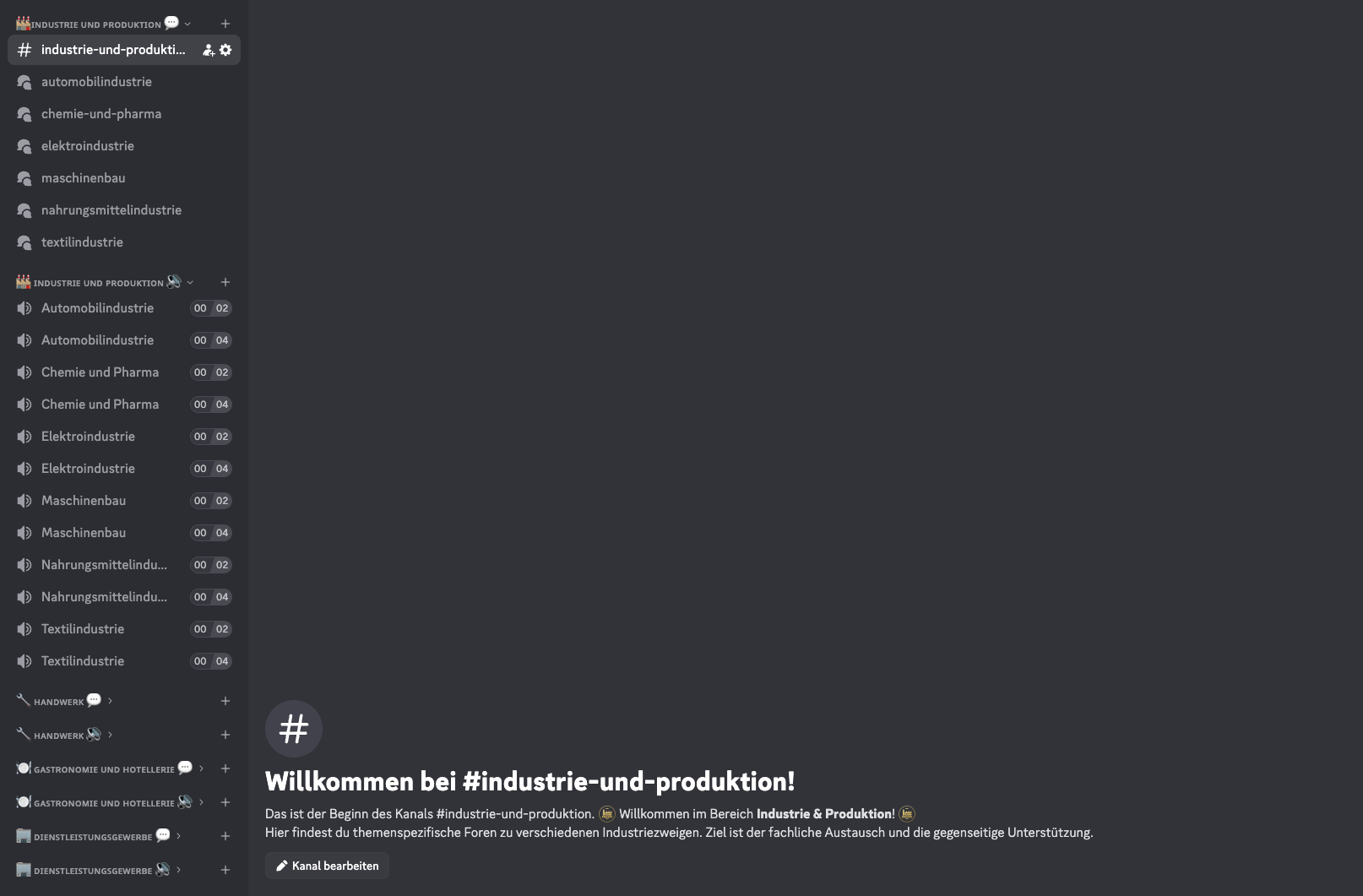 Welcome message in the Industry and Manufacturing Discord area