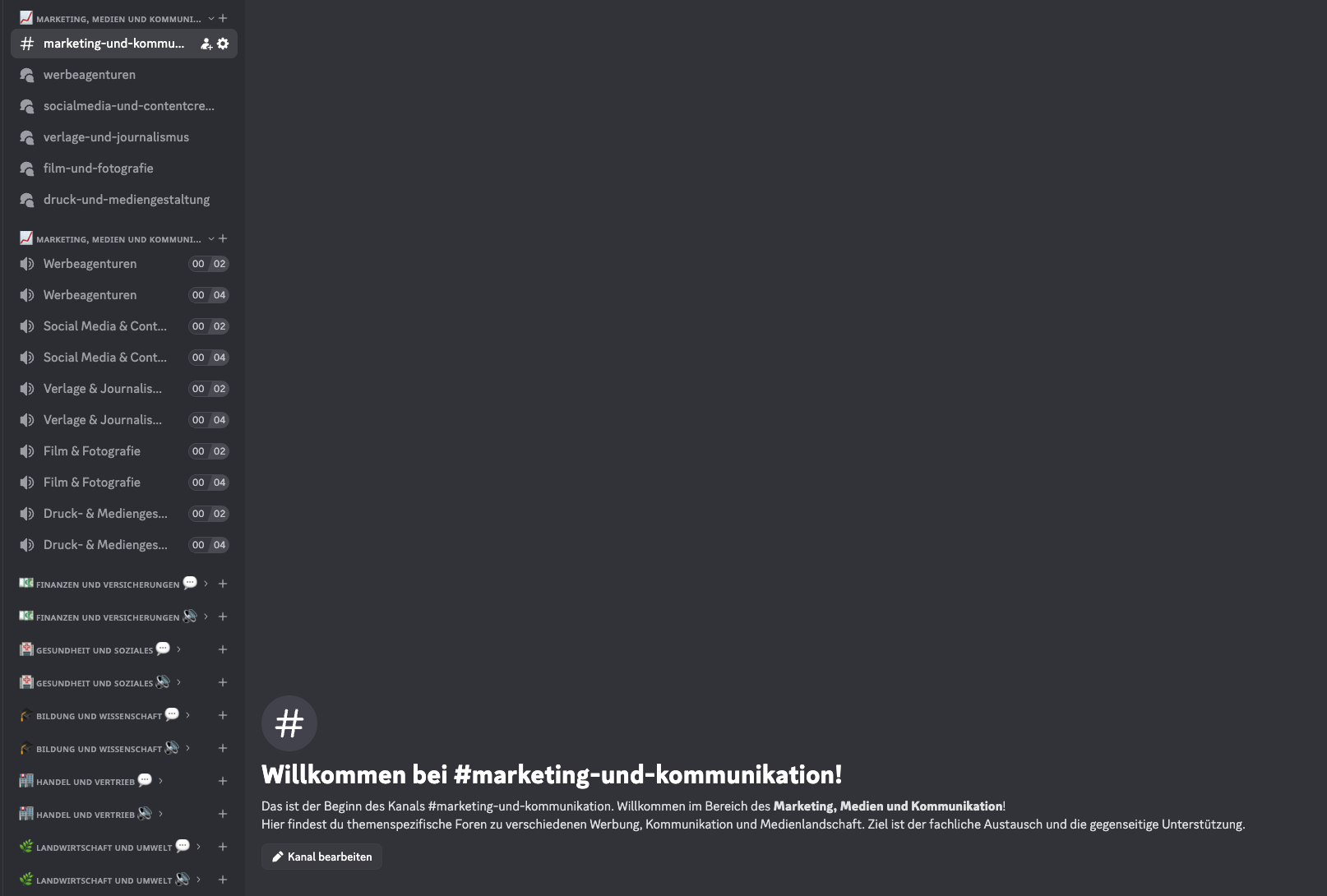 Welcome message in the Marketing, Media and Communication Discord area