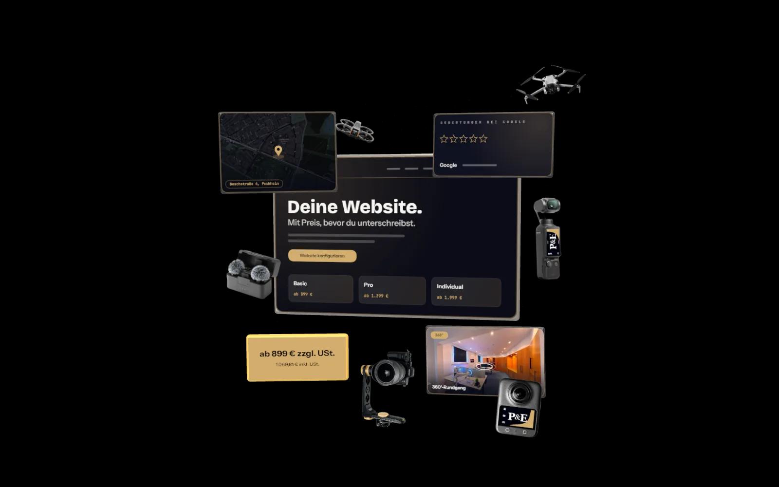 Website mock-up assembling itself from header, image, text block, gallery and contact card