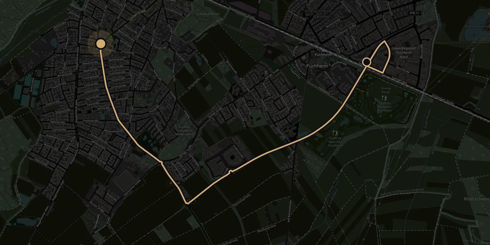 Map showing the driving route from Pemediacorp in Puchheim to Eichenau