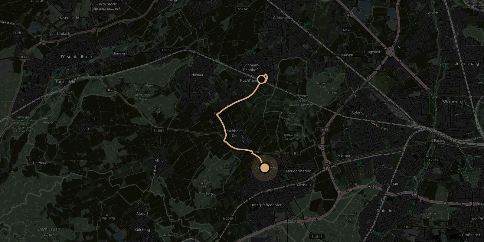 Map showing the driving route from Pemediacorp in Puchheim to Germering