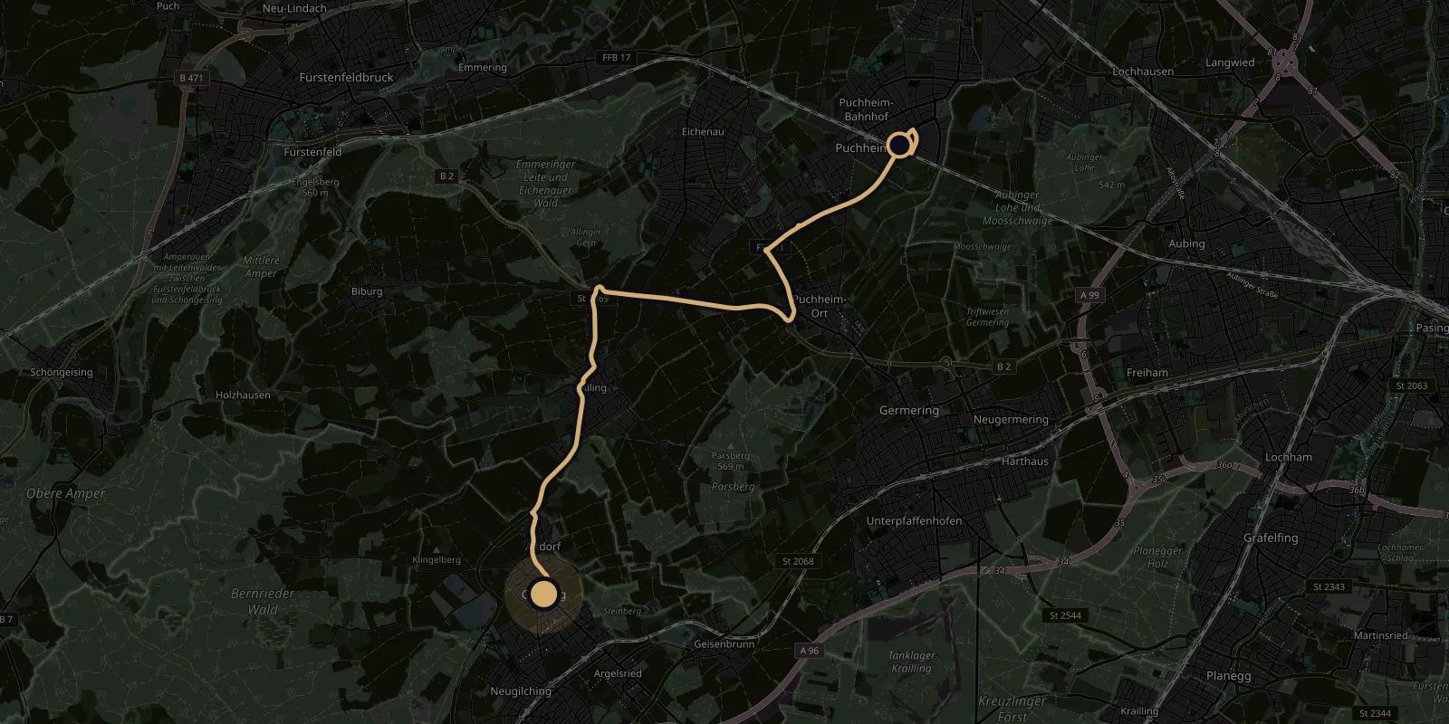 Map showing the driving route from Pemediacorp in Puchheim to Gilching