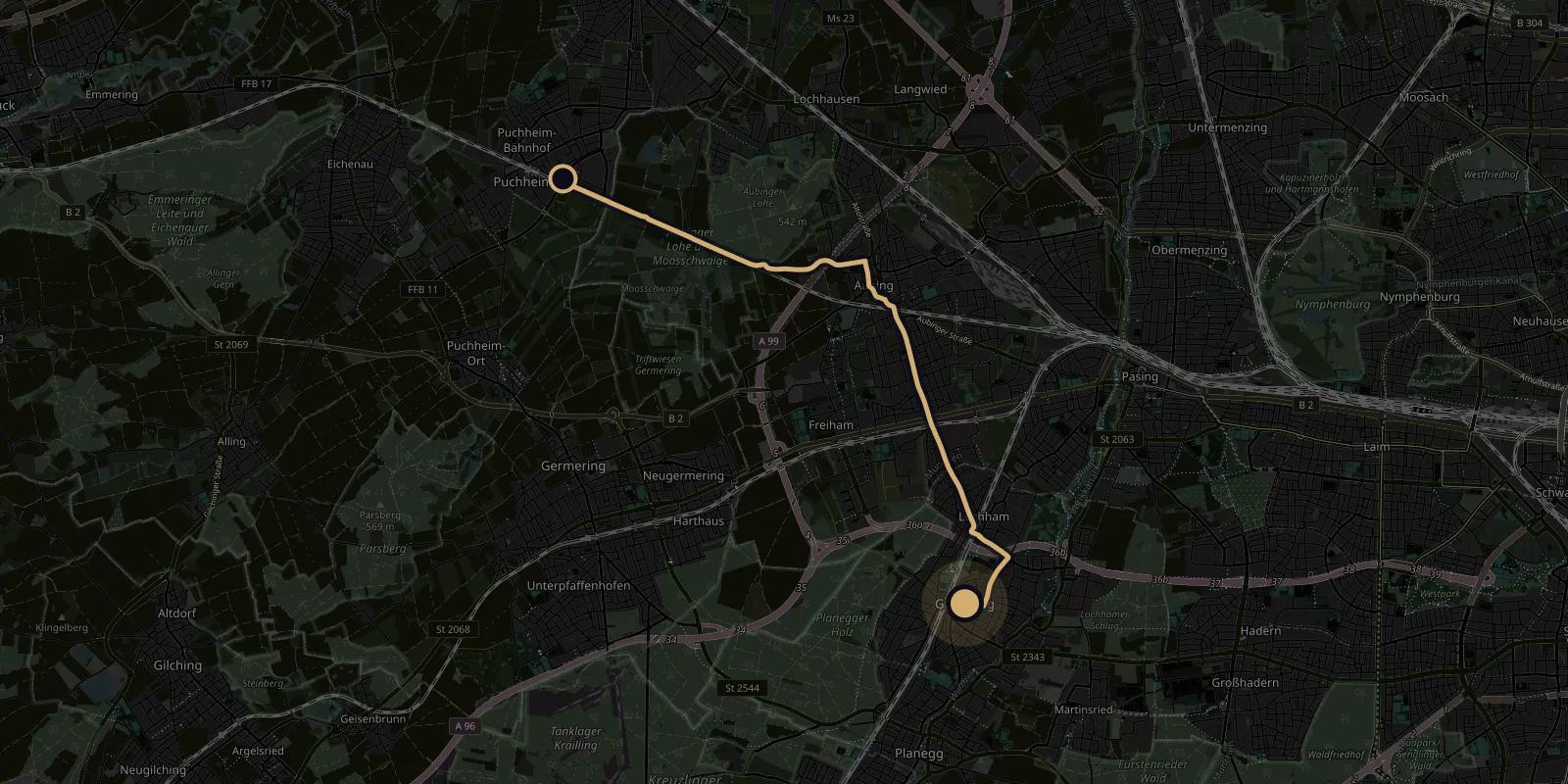 Karte mit der Fahrstrecke von Pemediacorp in Puchheim nach Gräfelfing