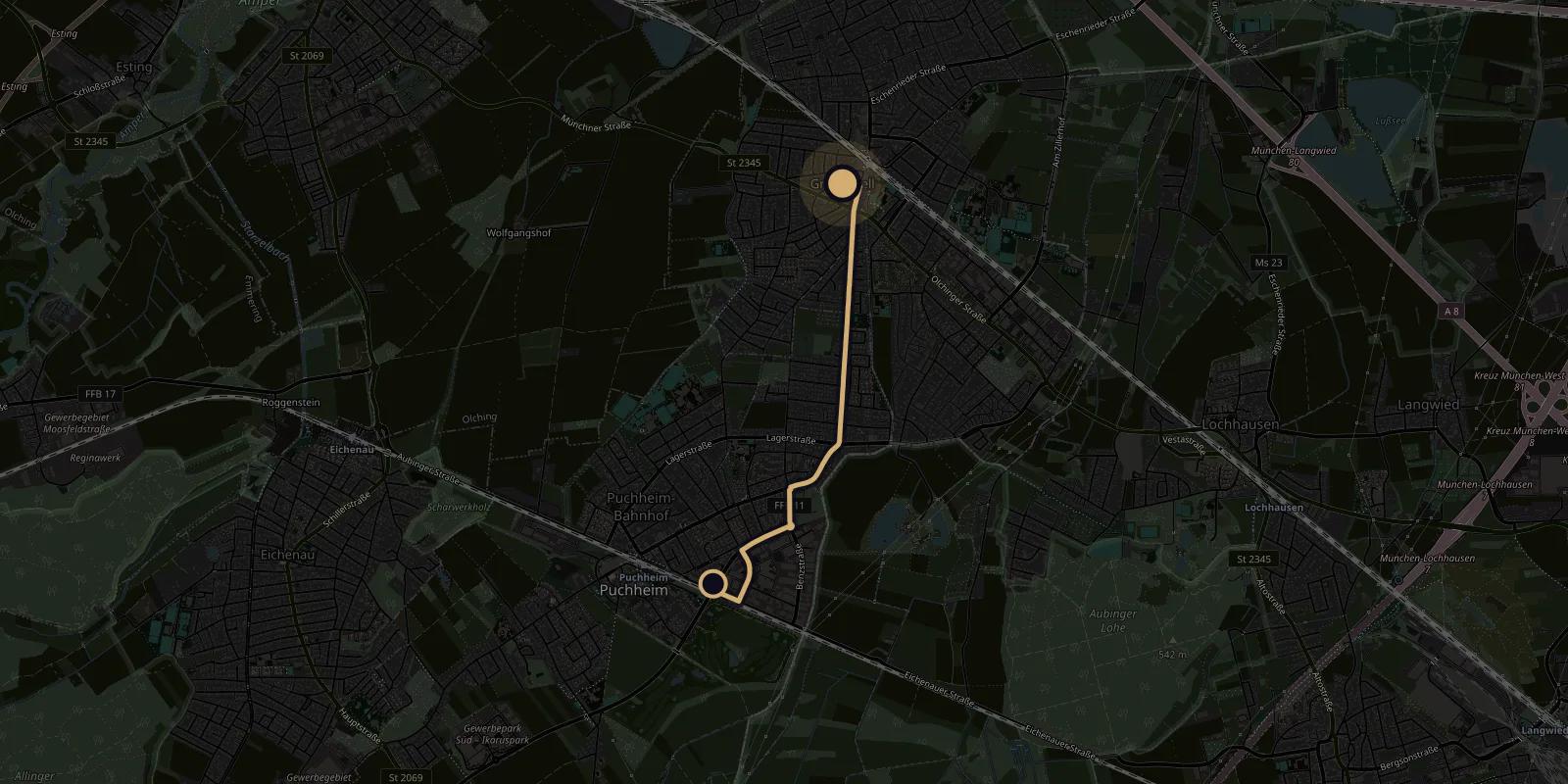 Map showing the driving route from Pemediacorp in Puchheim to Gröbenzell
