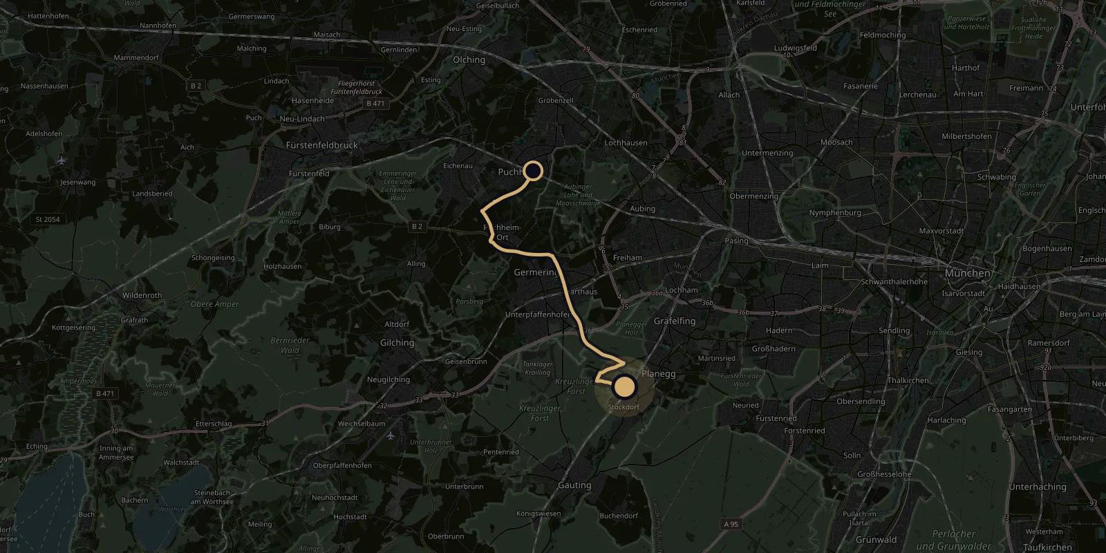 Karte mit der Fahrstrecke von Pemediacorp in Puchheim nach Krailling