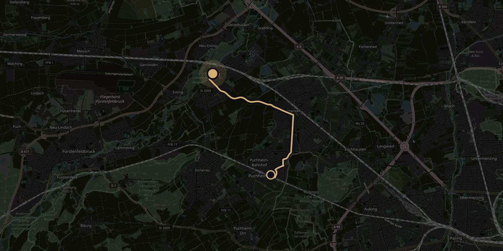 Map showing the driving route from Pemediacorp in Puchheim to Olching