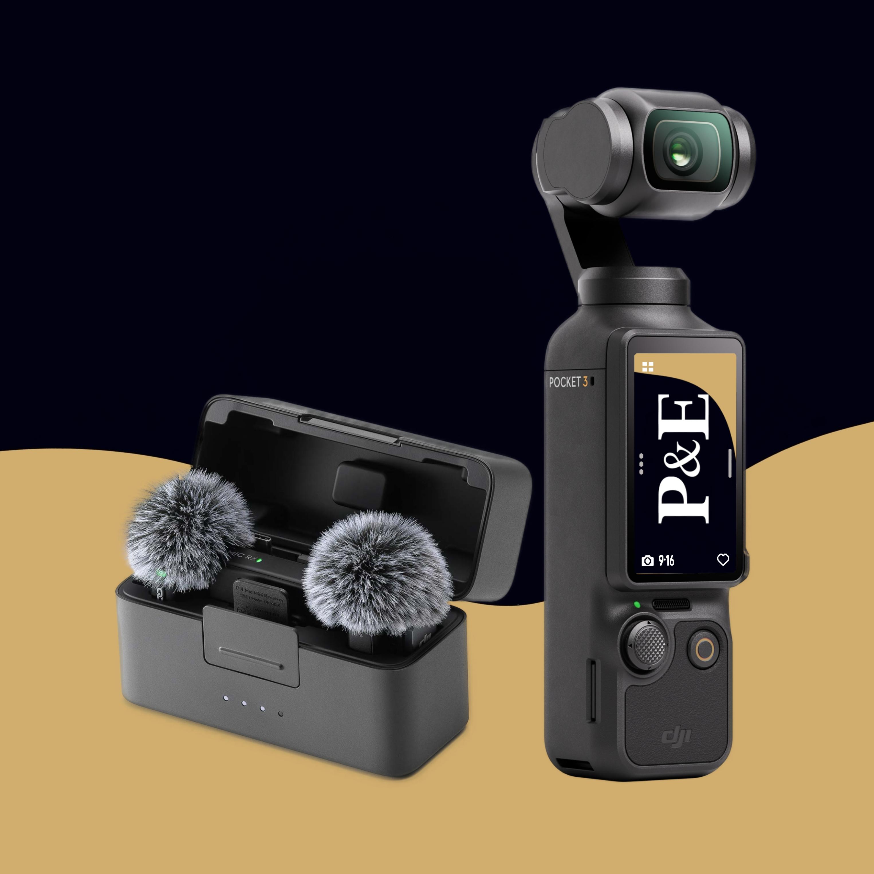 DJI Osmo Pocket 3 showing the P&E logo on its display, next to the DJI Mic charging case with two transmitters